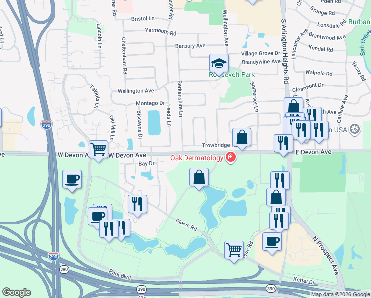map of restaurants, bars, coffee shops, grocery stores, and more near 1398 Berkenshire Lane in Elk Grove Village