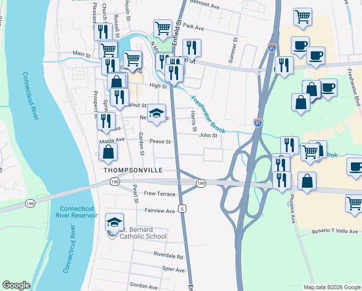 map of restaurants, bars, coffee shops, grocery stores, and more near 1043 Enfield Street in Enfield
