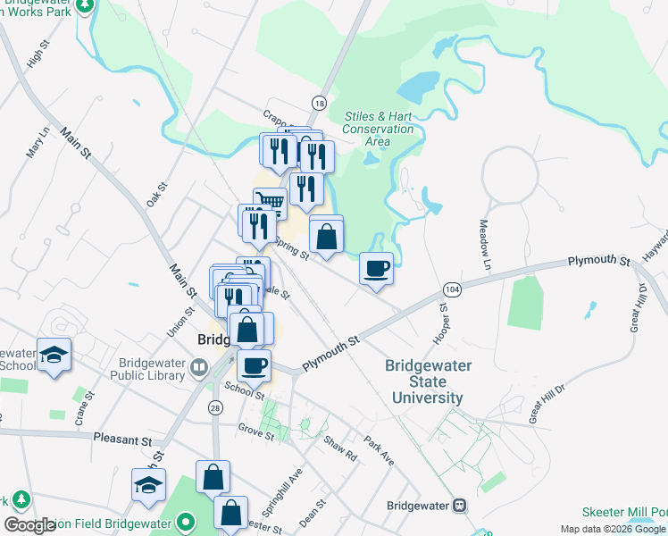 map of restaurants, bars, coffee shops, grocery stores, and more near 72 Spring Street in Bridgewater