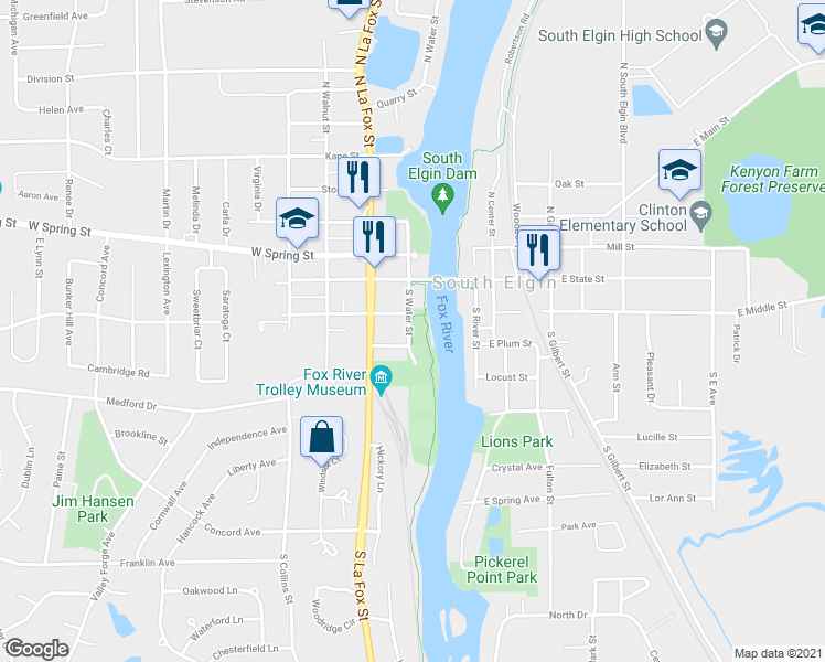map of restaurants, bars, coffee shops, grocery stores, and more near Fox River Trail (Algonquin to Aurora) in South Elgin