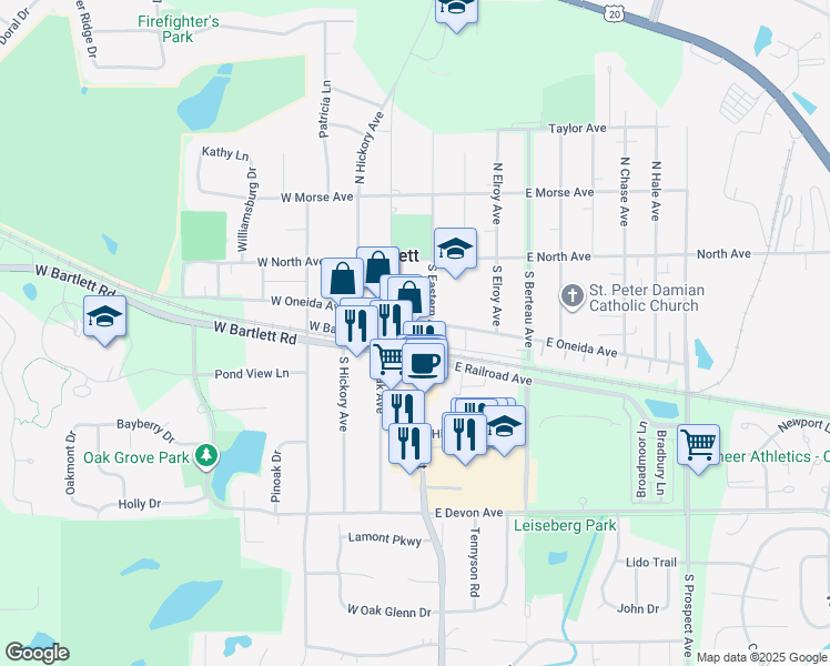 map of restaurants, bars, coffee shops, grocery stores, and more near 112 West Bartlett Avenue in Bartlett