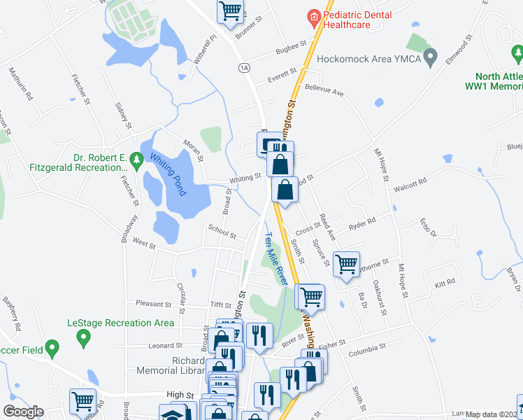 map of restaurants, bars, coffee shops, grocery stores, and more near 335 North Washington Street in North Attleborough