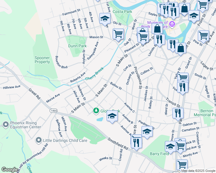 map of restaurants, bars, coffee shops, grocery stores, and more near 498 South Main Street in Woonsocket