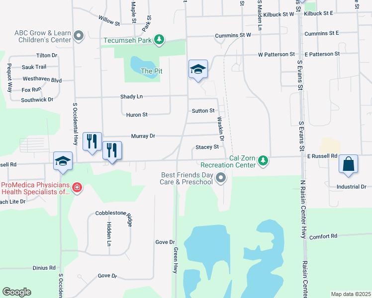 map of restaurants, bars, coffee shops, grocery stores, and more near 705 West Russell Road in Tecumseh