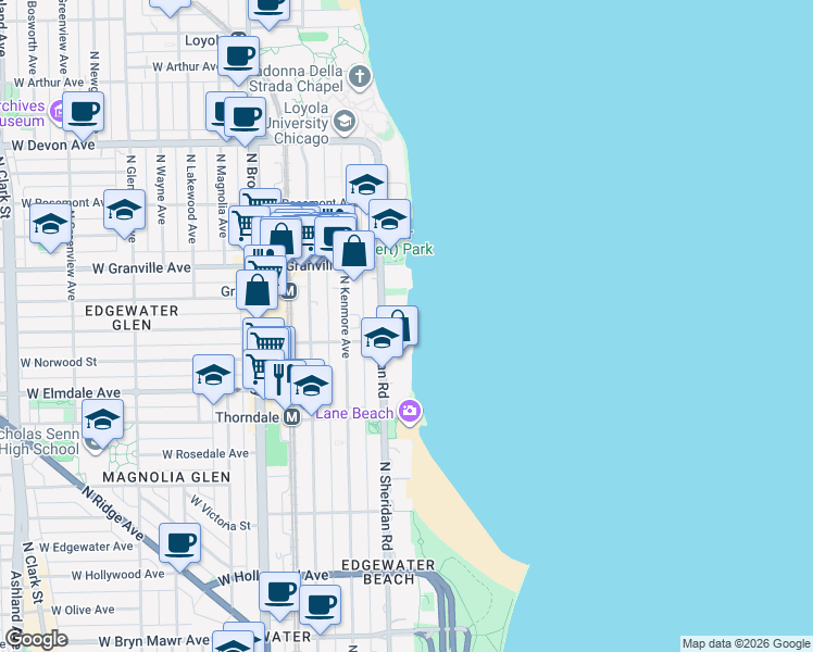 map of restaurants, bars, coffee shops, grocery stores, and more near 912 West Glenlake Avenue in Chicago