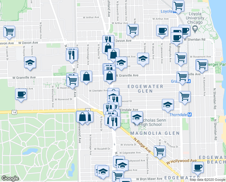 map of restaurants, bars, coffee shops, grocery stores, and more near 6058 North Clark Street in Chicago