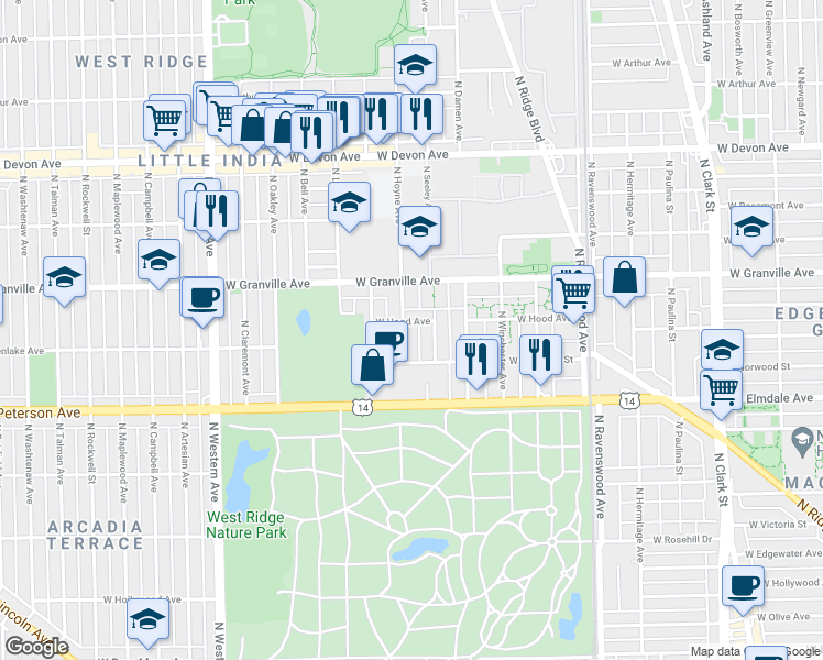 map of restaurants, bars, coffee shops, grocery stores, and more near 6120 North Hoyne Avenue in Chicago