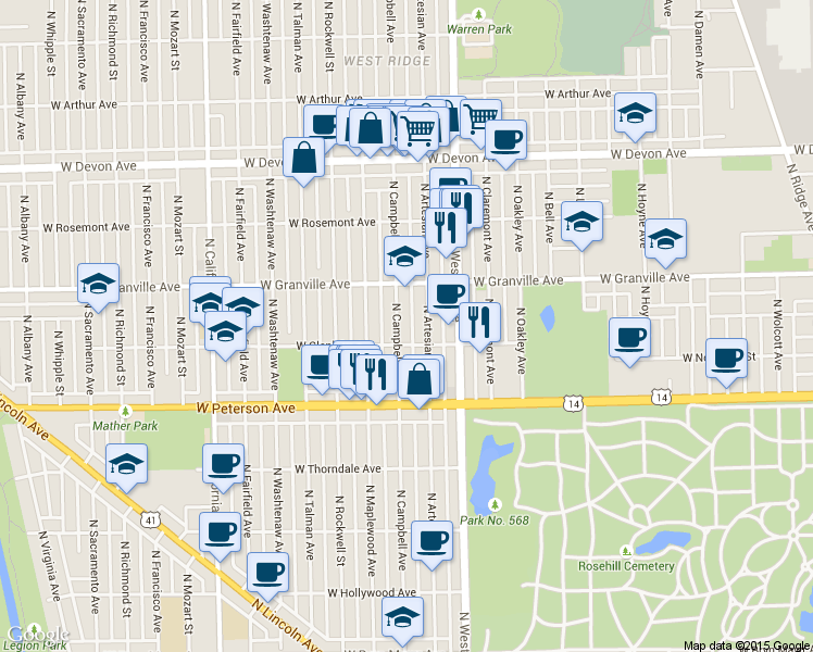 map of restaurants, bars, coffee shops, grocery stores, and more near 6100 North Artesian Avenue in Chicago