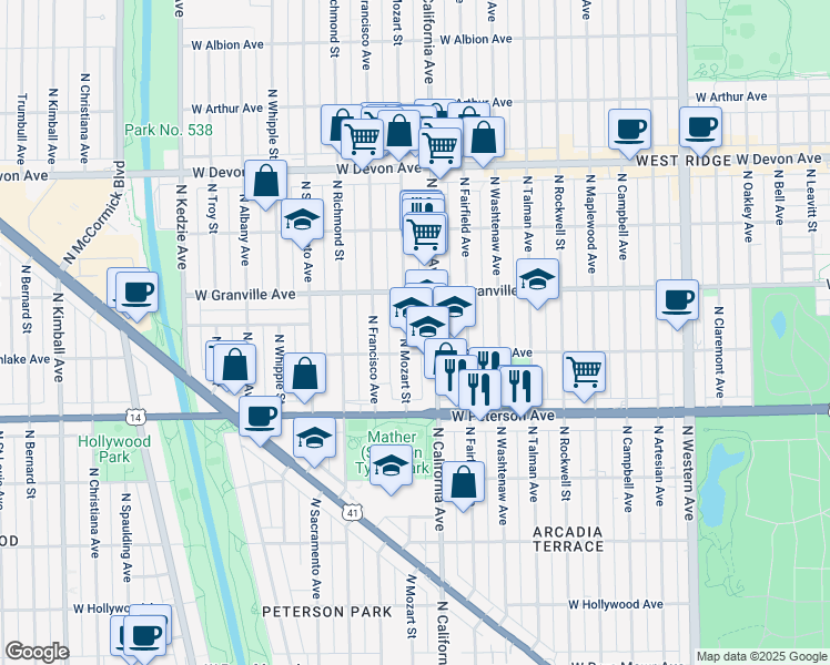 map of restaurants, bars, coffee shops, grocery stores, and more near 6107 North Mozart Street in Chicago