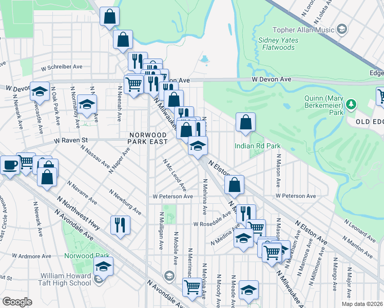 map of restaurants, bars, coffee shops, grocery stores, and more near 6255 West Hyacinth Street in Chicago