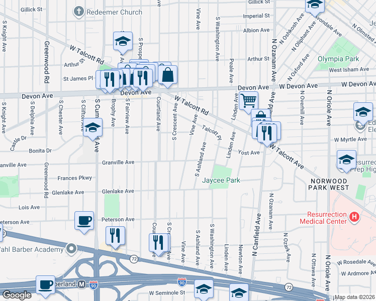 map of restaurants, bars, coffee shops, grocery stores, and more near 1429 South Crescent Avenue in Park Ridge