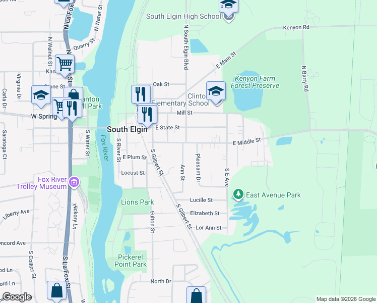 map of restaurants, bars, coffee shops, grocery stores, and more near 195 Ann Street in South Elgin