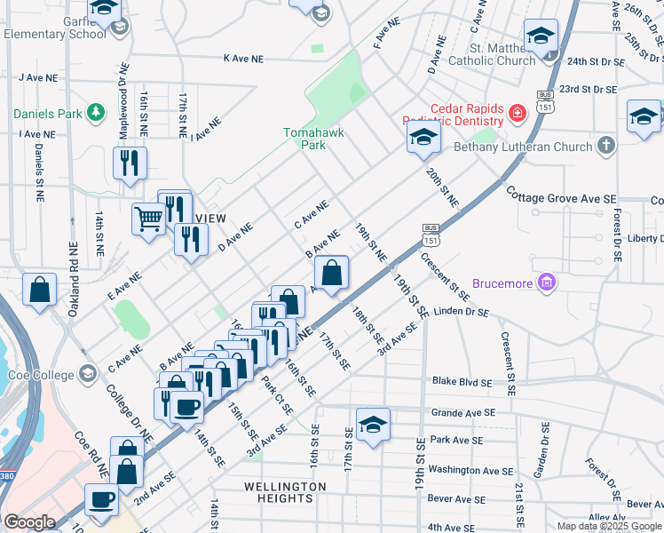 map of restaurants, bars, coffee shops, grocery stores, and more near 124 18th Street Northeast in Cedar Rapids