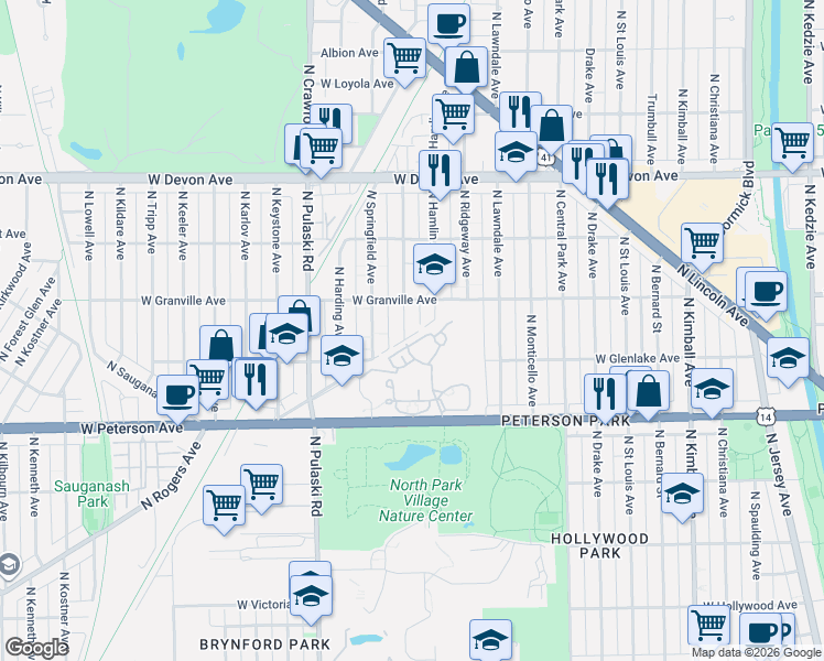 map of restaurants, bars, coffee shops, grocery stores, and more near 6129 North Avers Avenue in Chicago