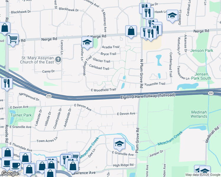map of restaurants, bars, coffee shops, grocery stores, and more near 650 East Woodfield Trail in Roselle