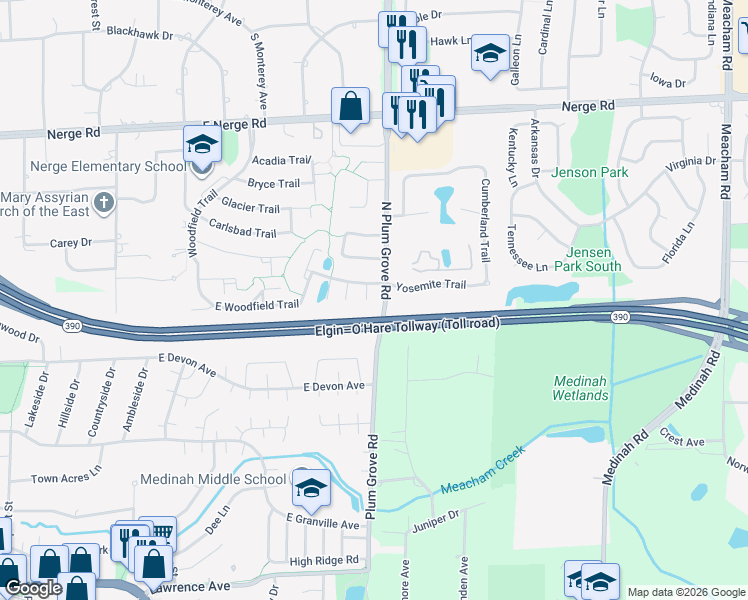 map of restaurants, bars, coffee shops, grocery stores, and more near 489 Conway Bay in Roselle