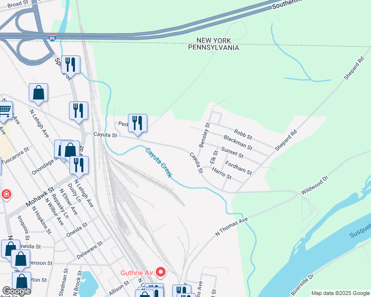 map of restaurants, bars, coffee shops, grocery stores, and more near 161 Cayuta Street in Sayre