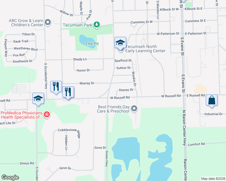 map of restaurants, bars, coffee shops, grocery stores, and more near 705 West Russell Road in Tecumseh