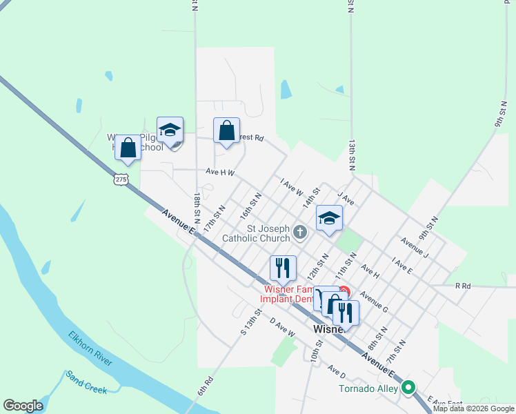 map of restaurants, bars, coffee shops, grocery stores, and more near 705 15th Street North in Wisner