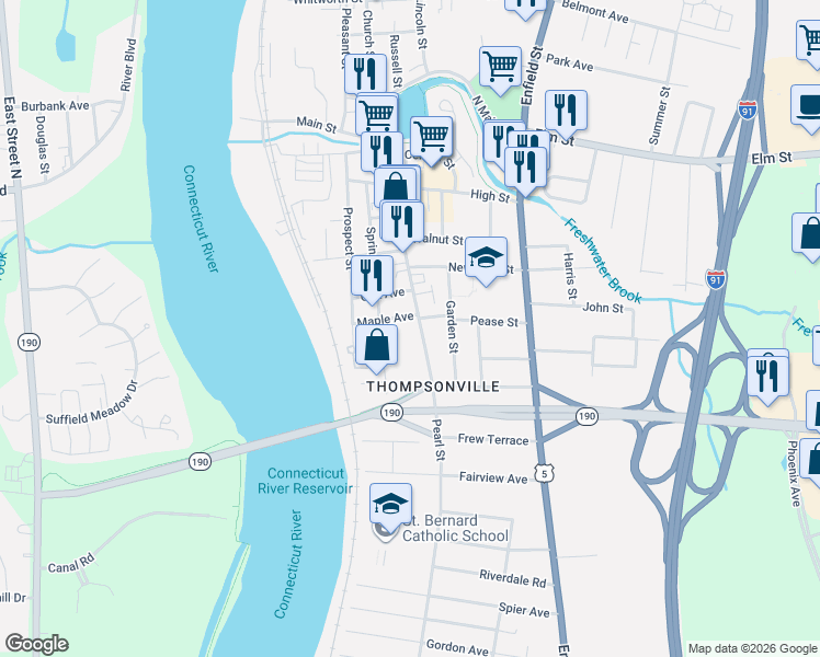 map of restaurants, bars, coffee shops, grocery stores, and more near 146 Pearl Street in Enfield