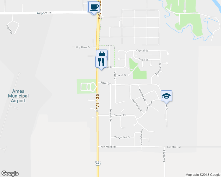map of restaurants, bars, coffee shops, grocery stores, and more near 3307 Emerald Drive in Ames