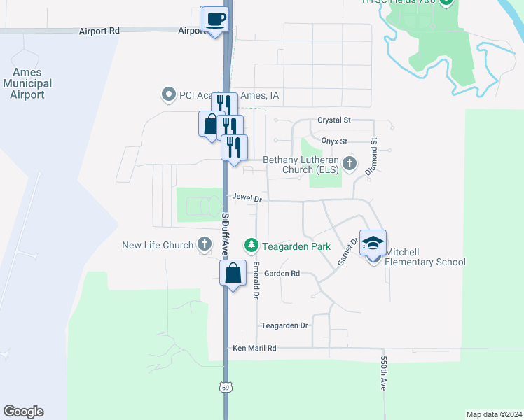map of restaurants, bars, coffee shops, grocery stores, and more near 3308 Emerald Drive in Ames