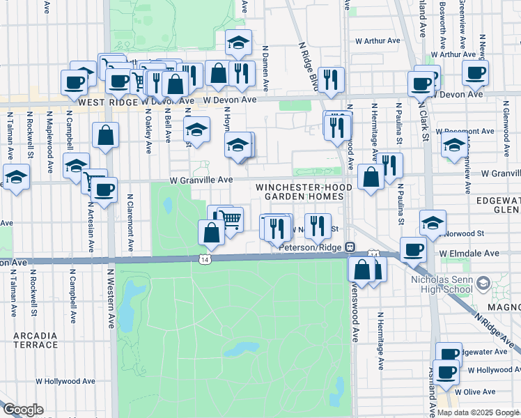 map of restaurants, bars, coffee shops, grocery stores, and more near 6143 North Seeley Avenue in Chicago