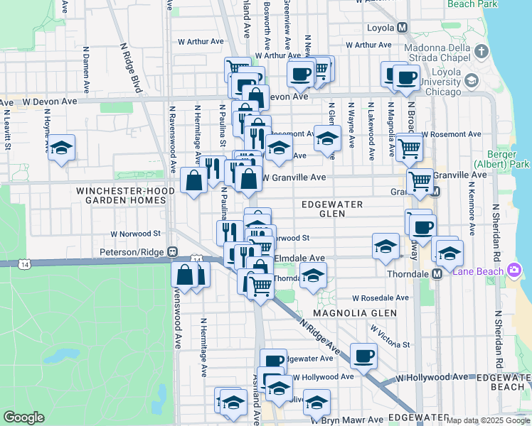map of restaurants, bars, coffee shops, grocery stores, and more near 1535 West Glenlake Avenue in Chicago
