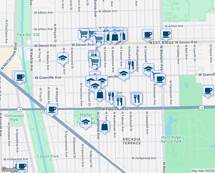 map of restaurants, bars, coffee shops, grocery stores, and more near 6106 North Washtenaw Avenue in Chicago