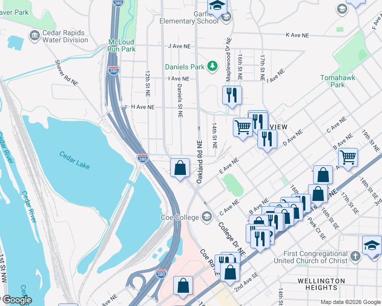 map of restaurants, bars, coffee shops, grocery stores, and more near 1349 G Avenue Northeast in Cedar Rapids