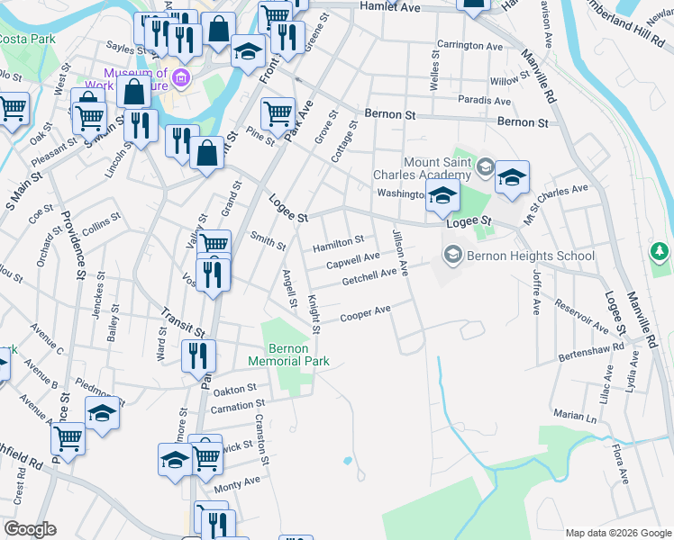 map of restaurants, bars, coffee shops, grocery stores, and more near 46 Getchell Avenue in Woonsocket