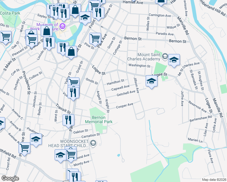 map of restaurants, bars, coffee shops, grocery stores, and more near 46 Getchell Avenue in Woonsocket