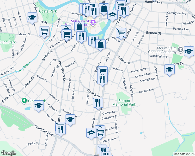 map of restaurants, bars, coffee shops, grocery stores, and more near 286 Grand Street in Woonsocket