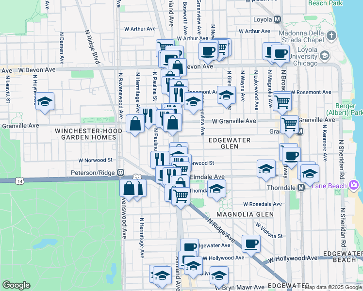 map of restaurants, bars, coffee shops, grocery stores, and more near 1535 West Glenlake Avenue in Chicago