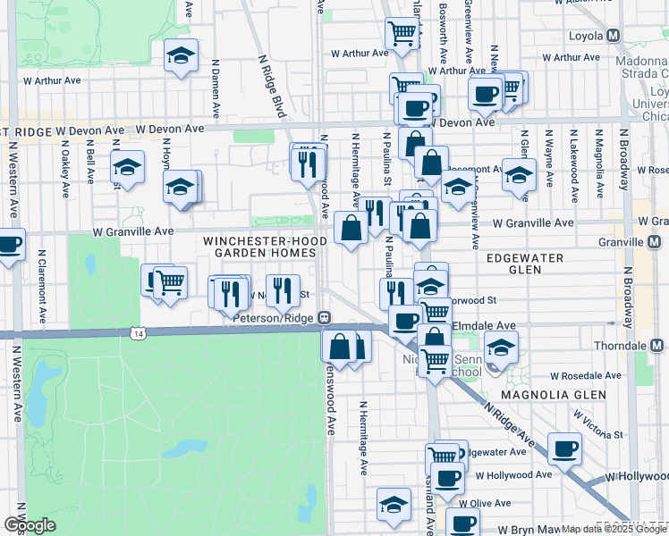map of restaurants, bars, coffee shops, grocery stores, and more near 1778 West Peterson Avenue in Chicago