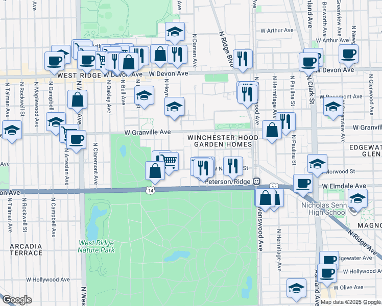 map of restaurants, bars, coffee shops, grocery stores, and more near 6117 North Seeley Avenue in Chicago