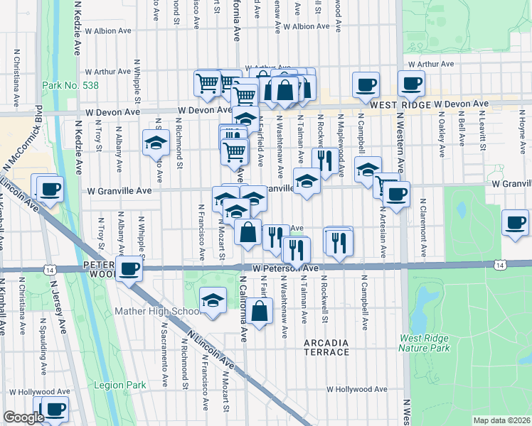 map of restaurants, bars, coffee shops, grocery stores, and more near 6106 North Washtenaw Avenue in Chicago