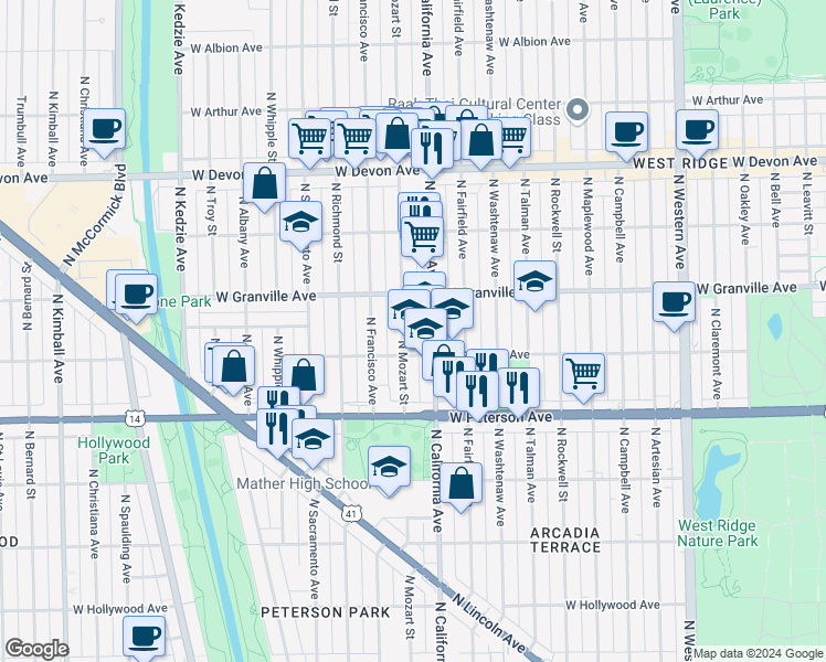map of restaurants, bars, coffee shops, grocery stores, and more near 6107 North Mozart Street in Chicago