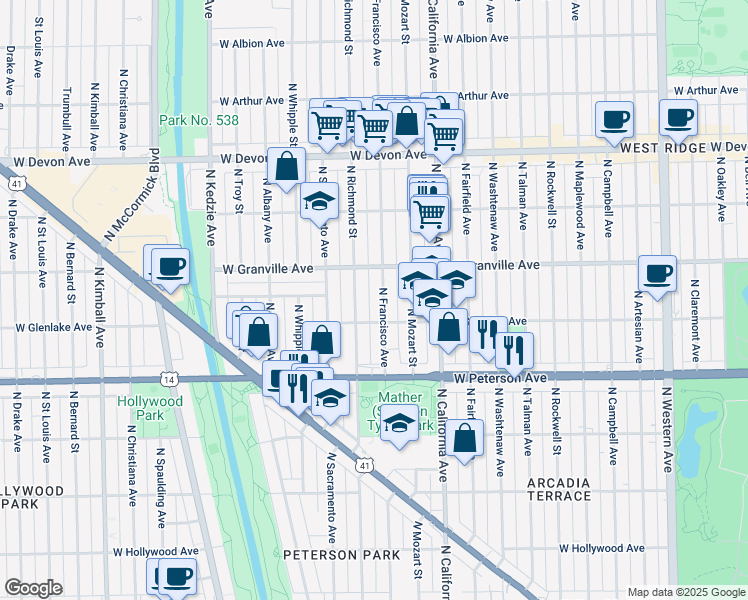 map of restaurants, bars, coffee shops, grocery stores, and more near 6110 North Francisco Avenue in Chicago