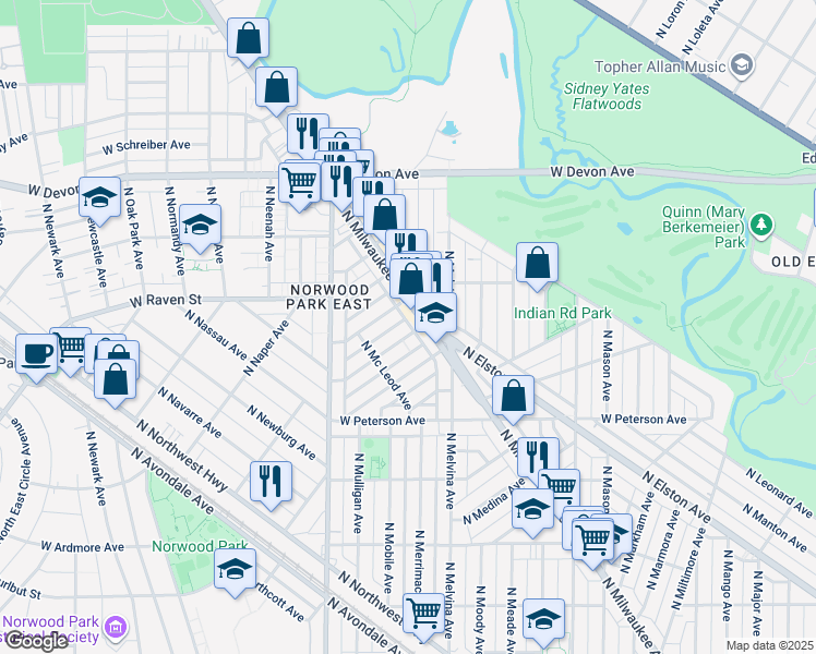 map of restaurants, bars, coffee shops, grocery stores, and more near 6255 West Hyacinth Street in Chicago