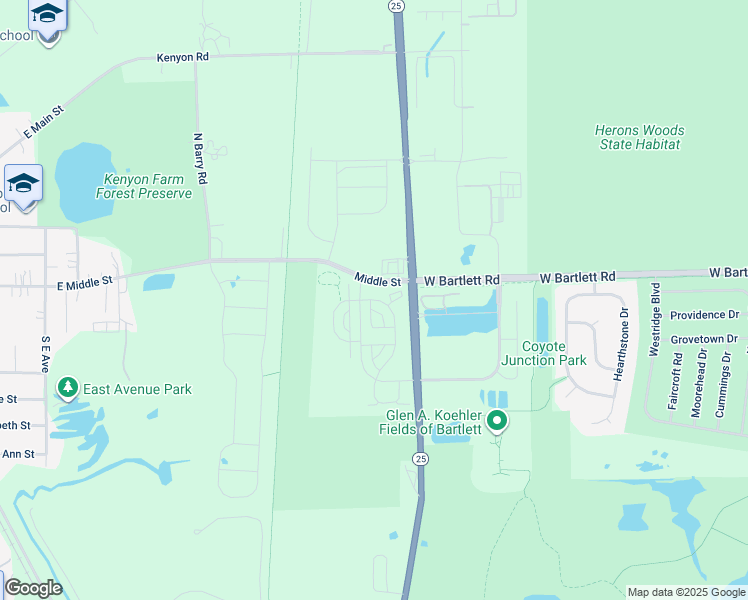 map of restaurants, bars, coffee shops, grocery stores, and more near Illinois 25 in Bartlett