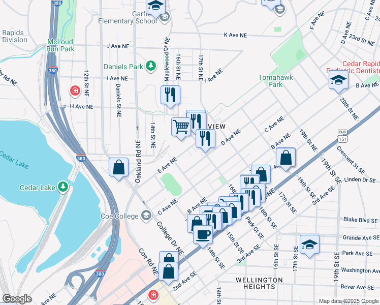 map of restaurants, bars, coffee shops, grocery stores, and more near 1544 D Avenue Northeast in Cedar Rapids
