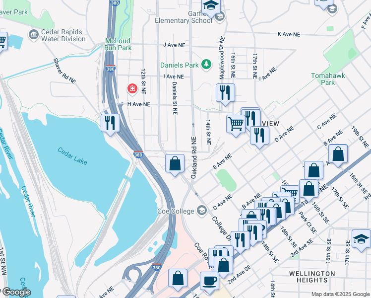 map of restaurants, bars, coffee shops, grocery stores, and more near 1349 G Avenue Northeast in Cedar Rapids