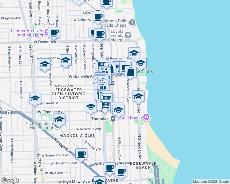 map of restaurants, bars, coffee shops, grocery stores, and more near 6116 North Winthrop Avenue in Chicago
