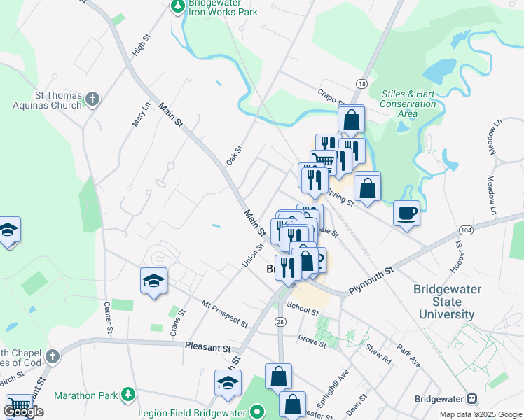 map of restaurants, bars, coffee shops, grocery stores, and more near 24 Pearl Street in Bridgewater