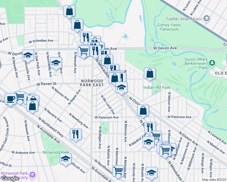 map of restaurants, bars, coffee shops, grocery stores, and more near 6255 West Hyacinth Street in Chicago
