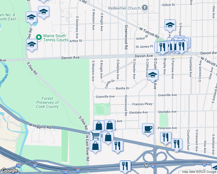 map of restaurants, bars, coffee shops, grocery stores, and more near 1330 Bonita Drive in Park Ridge