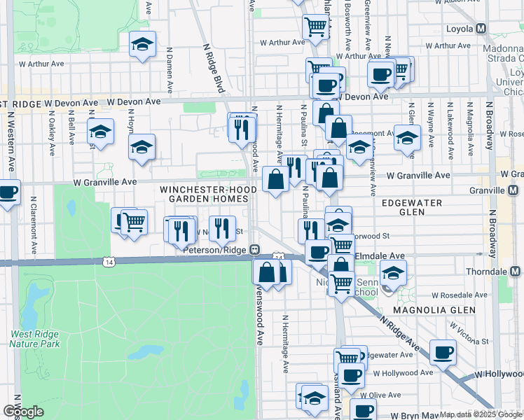 map of restaurants, bars, coffee shops, grocery stores, and more near 1778 West Peterson Avenue in Chicago