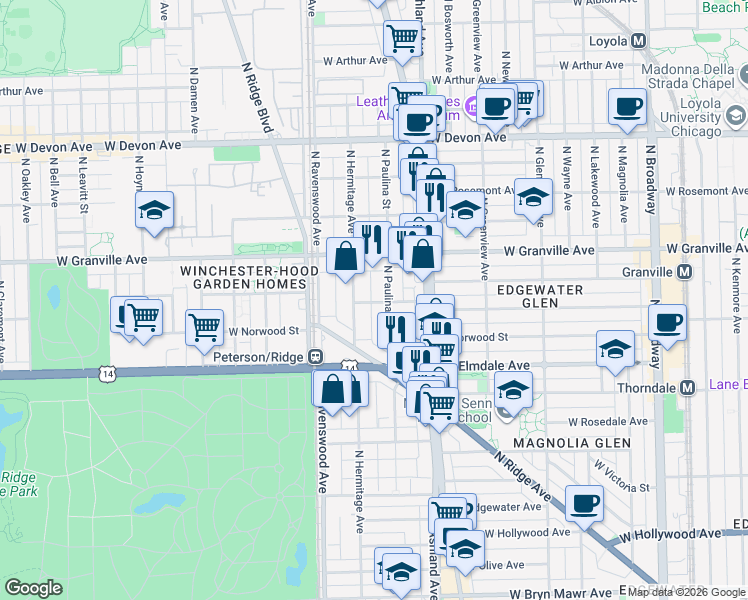 map of restaurants, bars, coffee shops, grocery stores, and more near 1712 West Glenlake Avenue in Chicago
