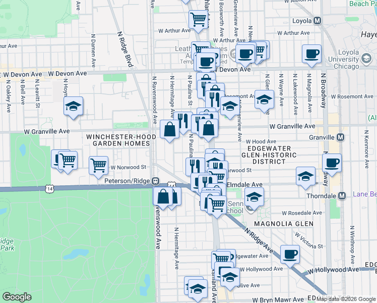 map of restaurants, bars, coffee shops, grocery stores, and more near 6060 North Paulina Street in Chicago